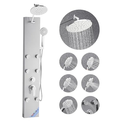 VEVOR Shower Panel Tower System with Rainfall Shower Head, 49 in Brushed Stainless Steel Shower Column, 3-Function Faucet, High Pressure Wall-Mount Rain Massage System with 6 Body Jets and Handheld