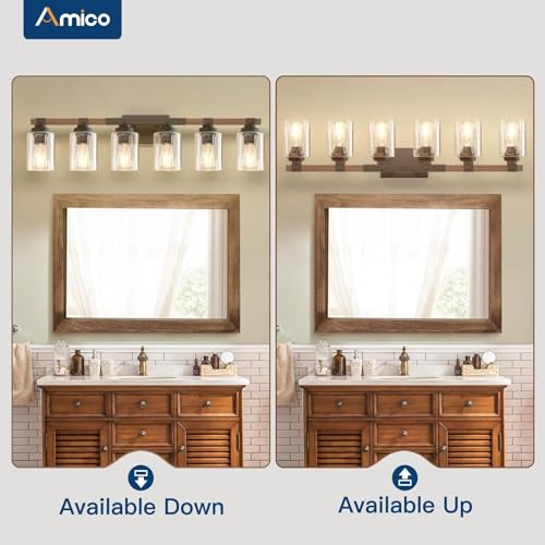Amico 6-Light Farmhouse Bathroom Vanity Light, Seeded Glass, Black & Wood | Bubble Glass Shade Wall Sconce, Over Mirror Light Fixtures for Bathroom, Bedroom, Living Room, Hallway, Powder Room, Entryway - size: 6-Light