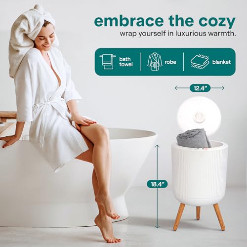SereneLife Freestanding Towel Warmer Bucket – 18" Hot Towel Warmer with Legs for Bathroom & Spa, 12L Capacity, Built-In Timer, Aroma Discs & LED Indicator, Fits One Towel or Robe - color: White Oak Grain