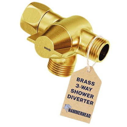 HammerHead Showers® Solid Metal 3 Way Shower Diverter Valve - Shower Arm Diverter Connects Fixed and Hand Held to Shower Arm - Shower Diverter for Dual Shower Head - Shower Splitter - Brushed Gold - color: Brushed Gold
