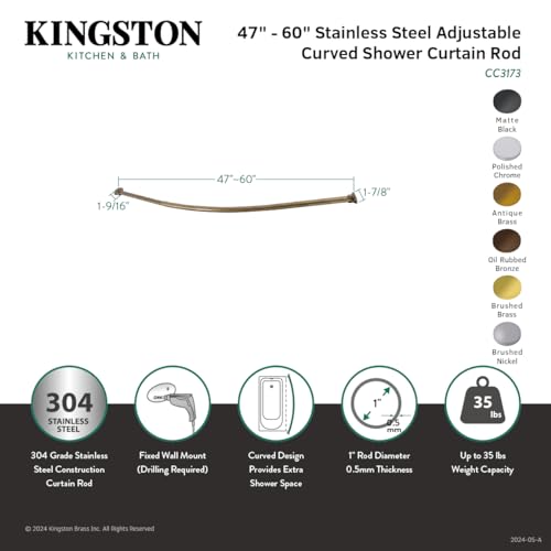 Kingston CC3177 Adjustable Curved Shower Curtain Rod, Brushed Brass - color: Brushed Brass
