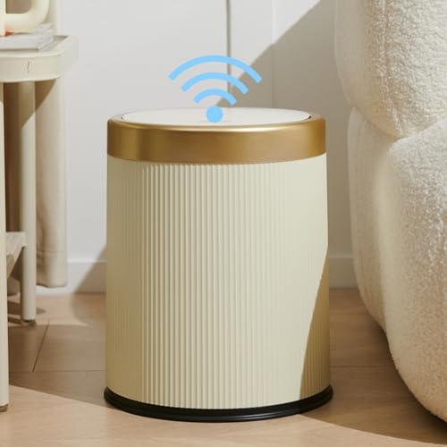 URALFA Bathroom Trash Can Automatic Touchless, Motion Sensor Trash Can | 3.7 Gal Bathroom Garbage Can with Lid, Smart Waterproof Trash Bin for Bedroom, Office, Restroom, Cream White and Gold - color: Cream White, size: 3.7 Gallon