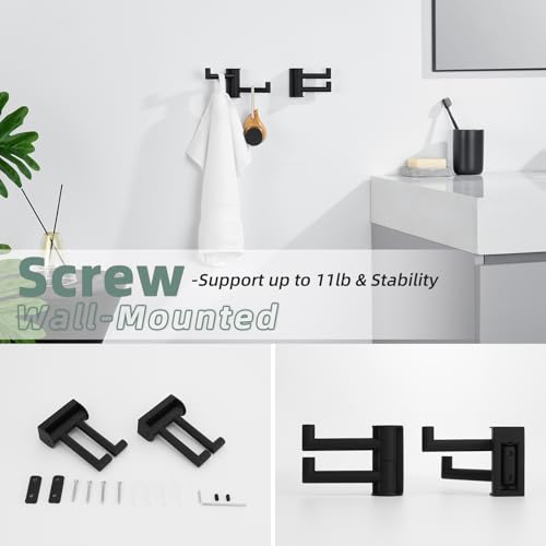 Aomasi Matte Black Rotating Double Towel Hooks 2 Pack, 304 Stainless Steel Swivel Wall Hooks with 2 Arms, Space Saving Towel Hangers for Bathroom Kitchen - color: Matte Black, size: 2 Pack