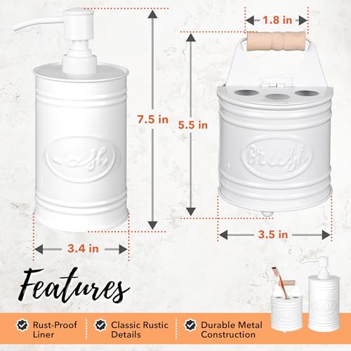 Autumn Alley Kids Bathroom Accessories Set – 2-Piece White Soap Dispenser & Toothbrush Holder, Farmhouse Bathroom Countertop Organizer for Kids, Durable Metal Bathroom Set with Wood Handle - color: White