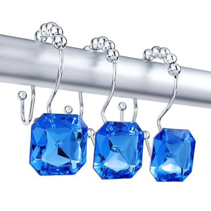 Shower Curtain Hooks Rings for Bathroom, 12PCS Double Hooks Glide Anti Rust Crystal Rhinestones Shower Curtain Rings Hangers for Shower Curtains, Clothing, Towels, etc. (Blue) - color: Blue