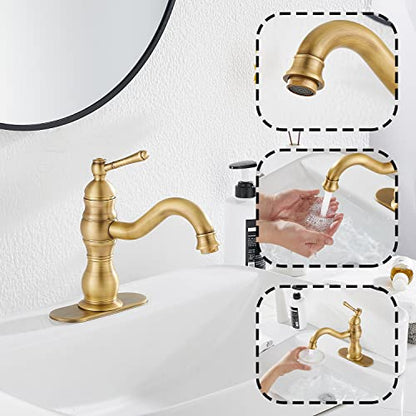Antique Brass Bathroom Faucet GGStudy 360° Swivel Bathroom Vanity Faucet Single Handle One Hole Bathroom Sink Faucet Basin Matching Pop Up Drain with Overflow - color: Antique Brass, size: Short