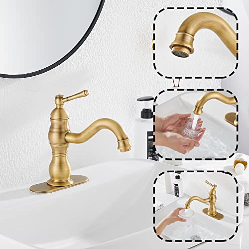 Antique Brass Bathroom Faucet GGStudy 360° Swivel Bathroom Vanity Faucet Single Handle One Hole Bathroom Sink Faucet Basin Matching Pop Up Drain with Overflow - color: Antique Brass, size: Short