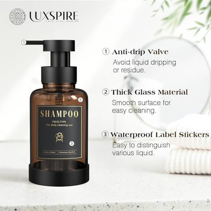 Luxspire 15oz Glass Foaming Soap Dispenser Set, Amber + Dark Gray, 2 Pack | Anti-drip pump, wide mouth easy refill, non-slip silicone base, 7 waterproof labels, refillable glass for hand dish soap - color: Brown