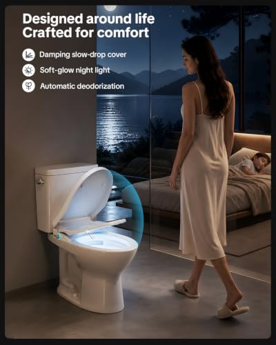 Bidet Toilet Seat in Elongated White – 4 Cleaning Modes | Bidet with Dryer Heated, Warm Water, Automatic Odor Removal, Remote Control | Smart Toilet Seat with Night Light for Families