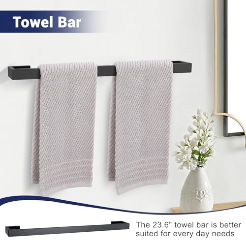 Lairuier Matte Black Bathroom Accessories, 23.6 inches Towel Bar Set | Including Towel Bar, Towel Holder, Toilet Paper Holder, Towel Hook, SUS304 Stainless Steel Bathroom Towel Holder Hardware Set - color: Matte Black, size: Set A