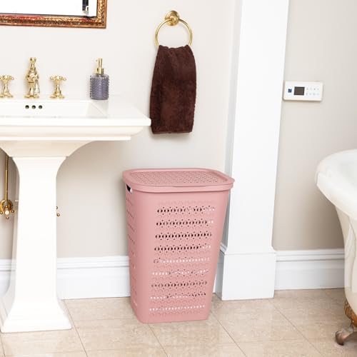 Mind Reader Slim Tapered Laundry Hampers with Lid, Clothes Basket with Swiss Cross Cut-Outs, Lightweight & Ventilated, Plastic, Set of 2, Pink - color: Pink