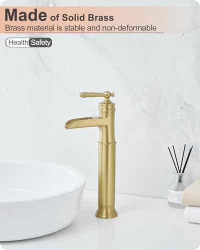 Gold Vessel Sink Faucet, Brass Waterfall Tall Faucet for Bathroom Sink 1 Hole with Single Handle, Pop-up Drain & cUPC Water Hoses for Antique Bowl Basin Save Water - color: Brushed Gold - Elegant