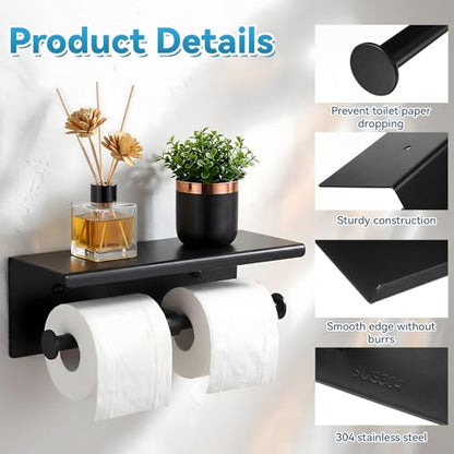 Double Bathroom Toilet Paper Roll Holder with Shelf Wall Mount Tissue Roll Holder Stainless Steel Wall Mounted RV Tissue Rolls Holders Toilet Paper Holders with Shelf, Matte Black