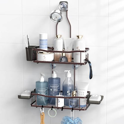 Hanging Shower Caddy Over Shower Head - No Drill Rustproof Shower Rack | Includes Soap Holder and Hooks for Shampoo, Conditioner, and Bathroom Essentials with Stable Storage in Any Shower Space - color: Bronze