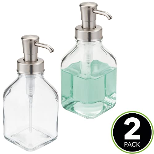 mDesign Square Glass Refillable Liquid Soap Dispenser Pump Bottle for Bathroom Vanity Countertop, Kitchen Sink - Holds Hand Soap, Dish Soap, Hand Sanitizer, Essential Oils - 2 Pack - Clear/Brushed - color: Clear/Brushed