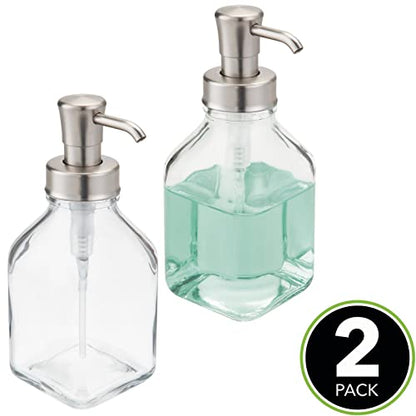 mDesign Square Glass Refillable Liquid Soap Dispenser Pump Bottle for Bathroom Vanity Countertop, Kitchen Sink - Holds Hand Soap, Dish Soap, Hand Sanitizer, Essential Oils - 2 Pack - Clear/Brushed - color: Clear/Brushed