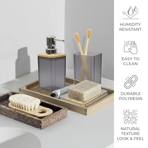 CERBIOR Bamboo Bathroom Accessories Set 7 Piece Bath Ensemble,Gray | Includes Soap Dispenser, Toothbrush Holder, Toothbrush Cup, Soap Dish for Decorative Countertop and Housewarming Gift - style: Matte Black