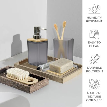 CERBIOR Bamboo Bathroom Accessories Set 7 Piece Bath Ensemble,Gray | Includes Soap Dispenser, Toothbrush Holder, Toothbrush Cup, Soap Dish for Decorative Countertop and Housewarming Gift - style: Matte Black
