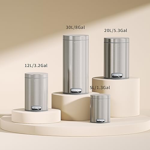 mVm Small Trash Can,1.3 Gallon/5 Lliter Step Bathroom Trash Can with Lid and Foot Pedal,Anti-Fingerprint,Soft-Close.Round Brushed Stainless Steel Garbage Can for Bathroom,Office,Living Room (Silver) - color: Silver, size: 1.3Gal/5L