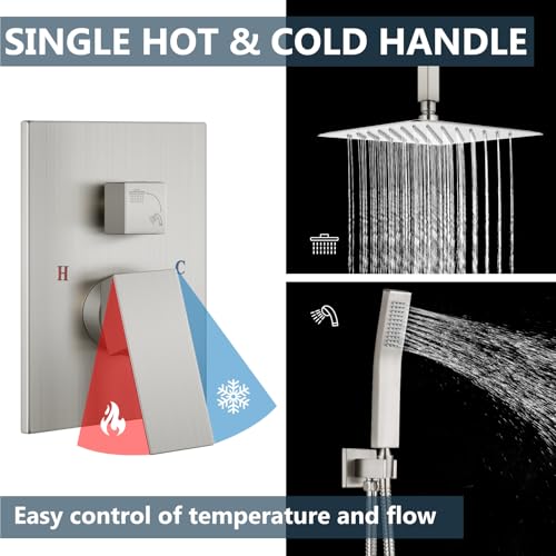 Aolemi Ceiling Shower Faucet with Handheld 8 Inch Head Brushed Nickel | Shower Valve and Trim Kit,SUS304 Rain Head and Handle Set System,All Metal,Bathroom, Handheld Spray - color: Nickel, size: 8 Inch Ceiling Shower Head