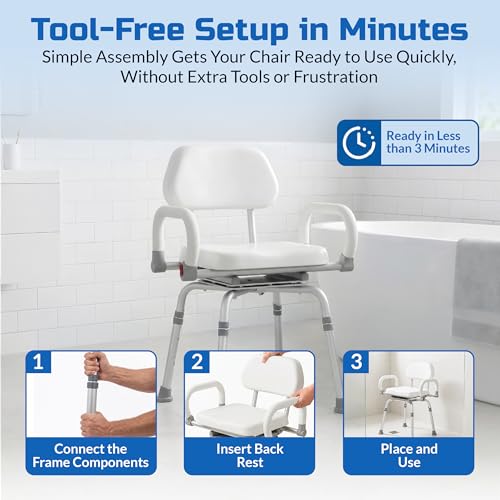 Swival Shower Chair with Padded seat for Inside ShowerFor Senior, Bath Seat | Sit Securely While Bathing - White, padded seat, padded armrests, swivel seat, tool-free assembly, 600 lb