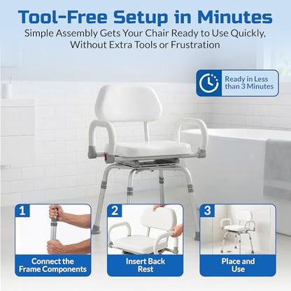 Swival Shower Chair with Padded seat for Inside ShowerFor Senior, Bath Seat | Sit Securely While Bathing - White, padded seat, padded armrests, swivel seat, tool-free assembly, 600 lb