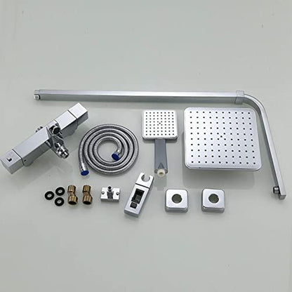 Thermostatic Rainfall Shower System, Brass Wall Mounted Shower Set with Shower Head Square Overhead Mixer Tap, Modern Shower Mixer Set for Bathroom