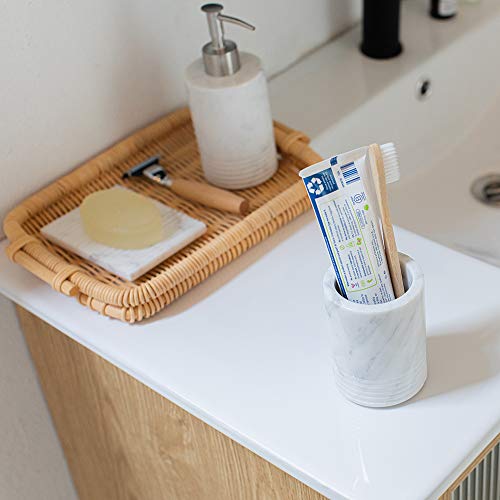 Marble Toothbrush Holder Makeup Brush Stand Bathroom Countertop Organizer | 100% Genuine Natural Marble, Durable and Sturdy, SPA Luxury Tumbler, Easy to clean, Multi-use Storage Cup, Non-slip Pads