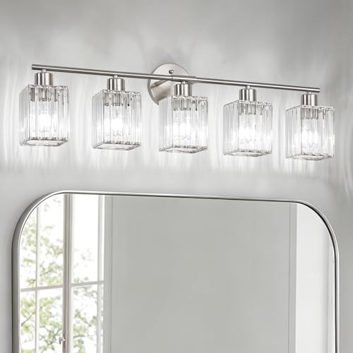 5 Light Bathroom Light Fixtures, Modern Crystal Vanity Lights over Mirror | Metal Frame, Bathroom Light with Square Crystal Shade, ETL Certified, E26 Ceramic Socket, Bulbs Not Included - color: Brushed Nickel, size: 5-Light