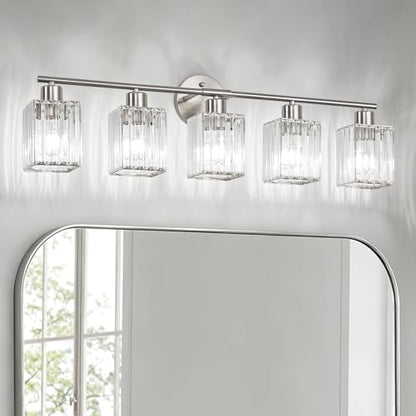 5 Light Bathroom Light Fixtures, Modern Crystal Vanity Lights over Mirror | Metal Frame, Bathroom Light with Square Crystal Shade, ETL Certified, E26 Ceramic Socket, Bulbs Not Included - color: Brushed Nickel, size: 5-Light