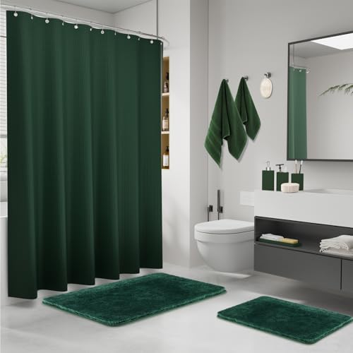 Green Bathroom Set, Dark Green Bathroom Accessories Set with Shower Curtain and Rugs, Bath Towel Sets, Natural Loofah Sponge, Soap Dispenser, Toothbrush Holder, Bathroom Tumbler and Tray for Bathroom - size: Bath Set+Shower Curtain+Rugs+Towel Set+2PCS Loo