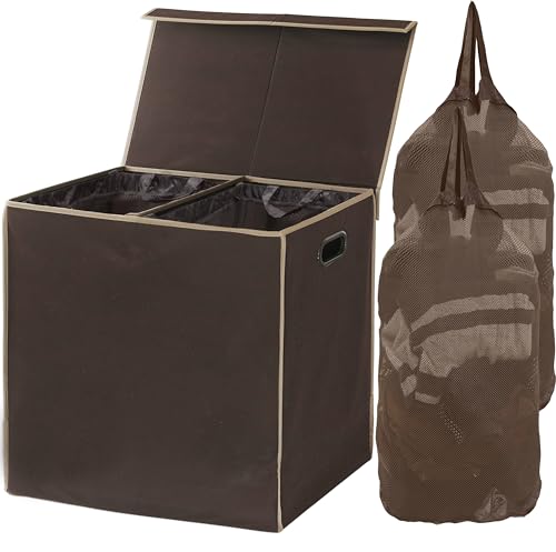 Simple Houseware Double Laundry Hamper with Lid & Removable Bags, Brown | Heavy Duty 600D Polyester, Water-Resistant Surface - color: Brown