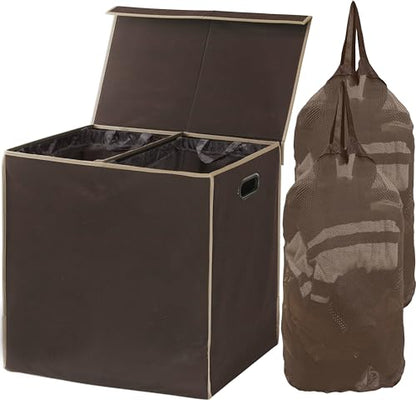 Simple Houseware Double Laundry Hamper with Lid & Removable Bags, Brown | Heavy Duty 600D Polyester, Water-Resistant Surface - color: Brown