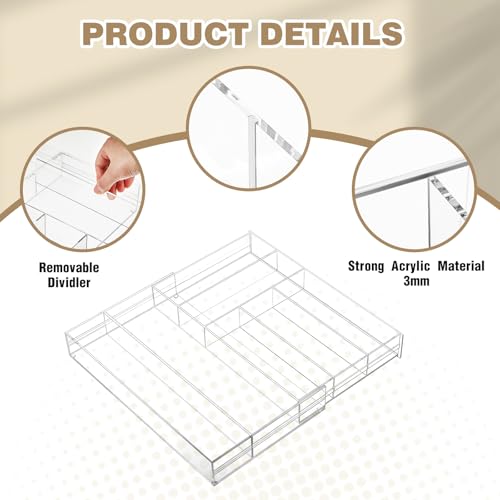 Briwooody 2 Pcs Acrylic Drawer Organizer 9'' up to 18'' x 15'' x 2'' Expandable Drawer Organizer Pens Notebook Ruler Makeup Tray with 7 Adjustable Compartments for Desk Office Kitchen Bathroom(Clear) - size: 18 x 15 x 2inch