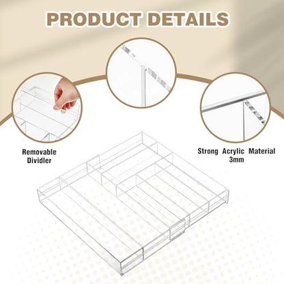 Briwooody 2 Pcs Acrylic Drawer Organizer 9'' up to 18'' x 15'' x 2'' Expandable Drawer Organizer Pens Notebook Ruler Makeup Tray with 7 Adjustable Compartments for Desk Office Kitchen Bathroom(Clear) - size: 18 x 15 x 2inch