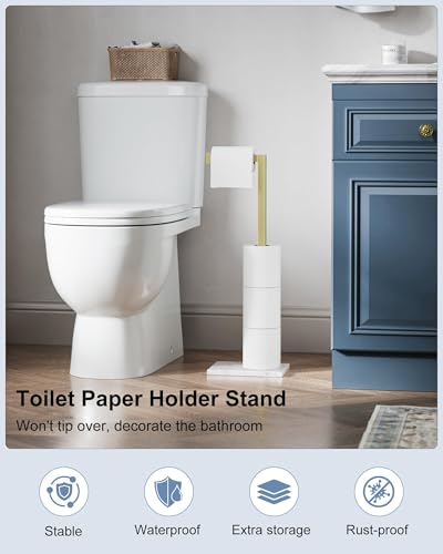 Freestanding Toilet Paper Holder Stand Brushed Gold Tissue Roll Holder | SUS 304 Stainless Steel Rustproof 22 Inch Rotating Bathroom Toilet Paper Stand for 4 Rolls with Marble Base by HOMEMYSTIQUE - color: Brushed Gold