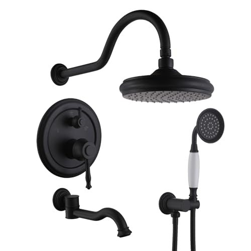 Shower Systems with Handheld Sprayer,3 Functions Shower Faucet Sets Wall Mounted,Shower Fixture with Brass Valve,Complete Shower System Kit with Foldable Tub Spout (Matte Black) - color: Matte Black