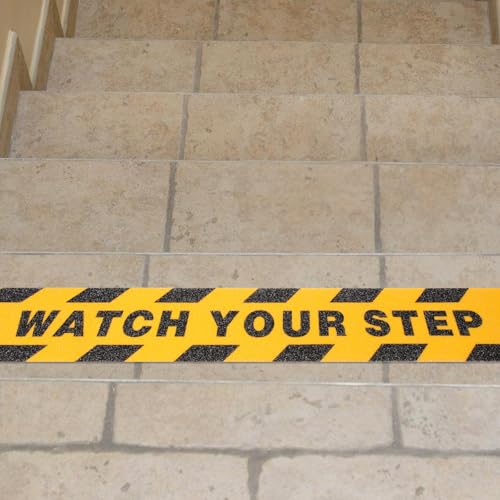 Artibetter Non-slip Adhesive Safety Grip Tape for Stairs and Bathroom Floors, Anti-skid High-visibility Printed Floor Tape with “watch Your Step” Warning, Waterproof Roll for Indoor