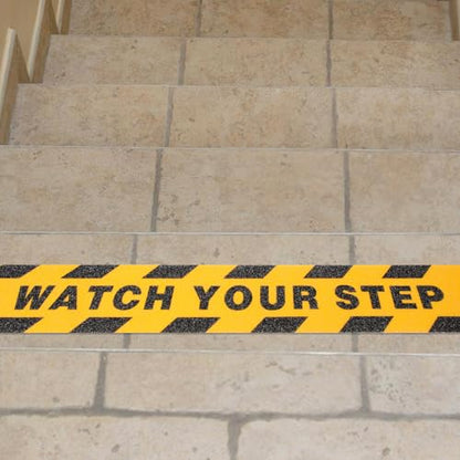 Artibetter Non-slip Adhesive Safety Grip Tape for Stairs and Bathroom Floors, Anti-skid High-visibility Printed Floor Tape with “watch Your Step” Warning, Waterproof Roll for Indoor