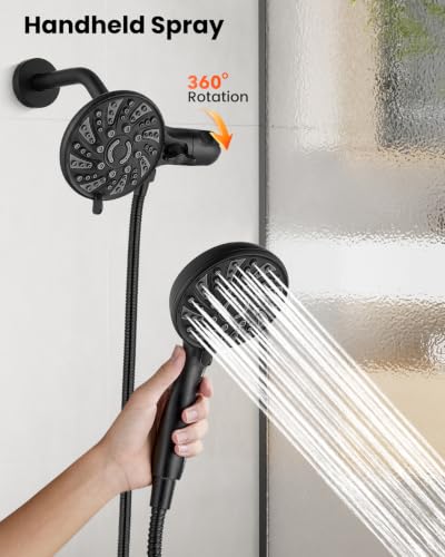 gotonovo Dual Shower Head Kit with Valve 6 Mode Handheld Matte Black | 6 Mode ABS Rain Head 6 Mode ABS Handheld Spray 2 in 1 Bathroom Trim Kit Pressure Balance Valve Shower Head and Handle Set - color: Black