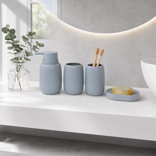 4 Pcs Bathroom Accessory Set Complete Bath Ensemble with 18 oz Soap Dispenser Tumbler Soap Dish Modern Decor Vanity Countertop Set for Bathroom