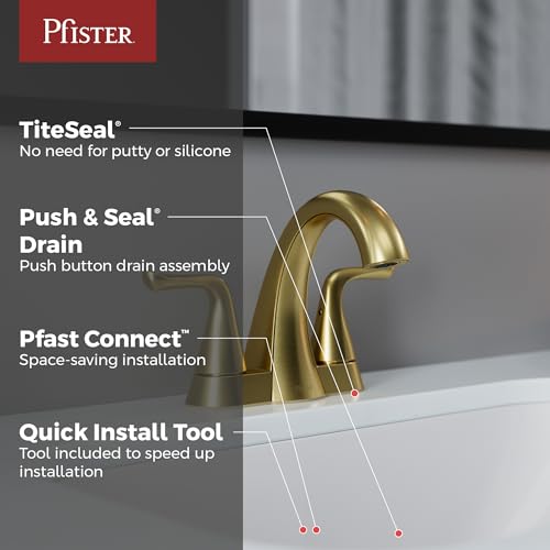 Pfister Willa Bathroom Sink Faucet 4 inch Centerset 2-Handle 3-Hole Vanity Faucet NSF Certified Brushed Gold Finish with Push & Seal Drain and TiteSeal Mounting Technology LF048MALBG - color: Brushed Gold, size: 1 Pack