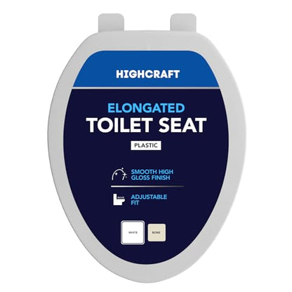 HIGHCRAFT Premium Elongated Toilet Seat with Adjustable Hinges - Molded Plastic Toilet Seat - Fits Standard Elongated Toilets - Oval Seat in White - color: White, size: Elongated