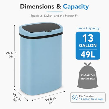 13-Gallon Touchless Plastic Trash Can, Blue | Motion sensor lid provides hands-free waste disposal in kitchens, offices, bedrooms, or living spaces. - color: Blue