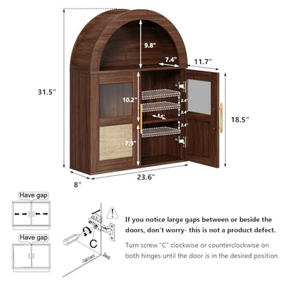 RUSTOWN Arched Bathroom Wall Cabinet with 2 Glass & Rattan Doors | Rattan Medicine Cabinet, Farmhouse Over the Toilet Storage Cabinet, Adjustable Shelves, 3-Tier Wall Mounted Cabinets - color: Walnut