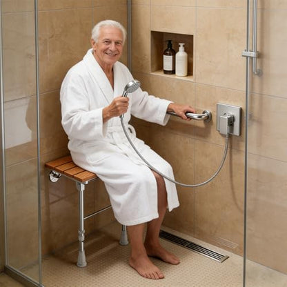 Folding Shower Seat Wall Mounted with Support Legs for Seniors, 350 lbs (Teak Wood) - color: Teak Wood
