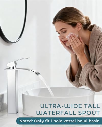 Chrome Waterfall Bathroom Faucet 1 Hole Vessel Sink Faucet | Certified NSF cUPC DOE CEC SUS304 steel.waterfall spout,Single Handle Bathroom Sink Fauce,Pop-up Drain,Fits vanity,Bar sink - color: A-Chrome, style: Tall