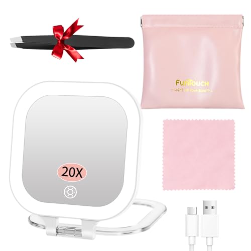 FUNTOUCH Travel Makeup Mirror, Portable Rechargeable Mirror with Lights | Double Sided with Tweezer,Bag/Rechargeable/3 Colors Lighting/Adjustable Brightness/Handheld Hanging/Gifts for Women - color: White-b