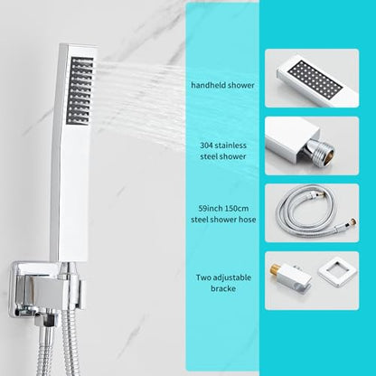 10 Inch Shower Faucet Set, Ceiling Mounted Rainfall Shower System with High Pressure Handheld Shower Head, Bathroom Mixer Rough-in Valve and Trim Shower Kit, Polished Chrome, with Tub Spout - color: Sliver, style: 10 Inch
