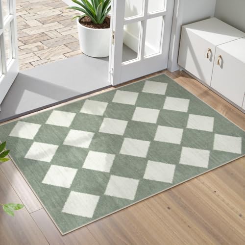 Lahome Zelie Checkered Washable 2x3 Green Kitchen Rugs Non Slip, Small Printed Indoor Door Mat for Entryway, Moroccan Trellis Ultra-Thin Throw Carpet for Bedroom Laundry Entrance Decor (2'x3',Green) - color: Light Green, size: 2' x 3' (Rectangular)